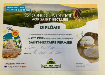 Diplôme du 2ème prix au concours officiel du Saint-Nectaire - 2023